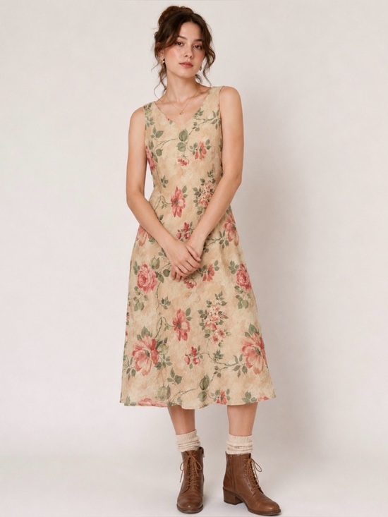 Vintage Dresses & Skirts - Y2K Floral Fairycore Dress Crinkly Sheer Overlay V-Neck Midi Goblincore Earthy